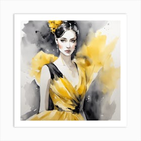 Watercolor Of A Woman In Yellow Dress 1 Art Print