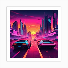 Neon Cars In The City Art Print