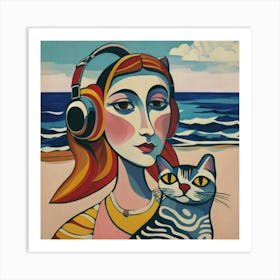 Woman With Headphones And A Cat Art Print