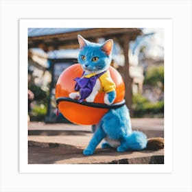 Blue Cat With Orange Ball Art Print