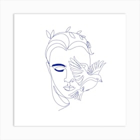 Woman with Bird Blue Print Art Print