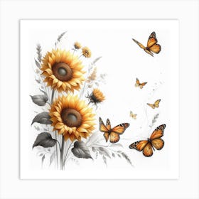 Radiant Sunflowers and Butterflies Gracefully 1 Art Print