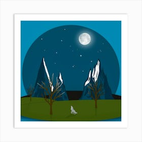Graphic Mountains Snow Wolf Moon Nature Wilderness Stars Howling Blue Art Print