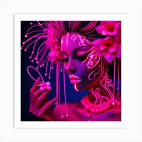 Neon Girl With Flowers Art Print