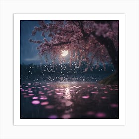 Moonlit Lakeside Cherry Blossom Tree Art Print