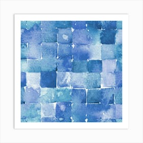 Blue Geometric Abstract Watercolor Squares Art Print