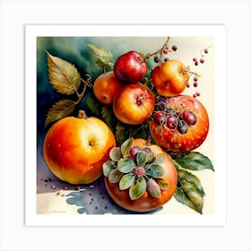 A Still Life Painting Of Vibrant, Ripe Fruits Art Print