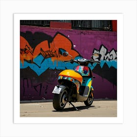 Colorful Scooter Parked In Front Of Graffiti Wall Art Print