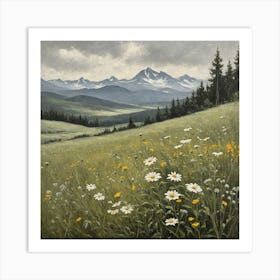 Vintage Oil Painting of Wild Flowers in a Meadow, Mountains in the Background 20 Art Print