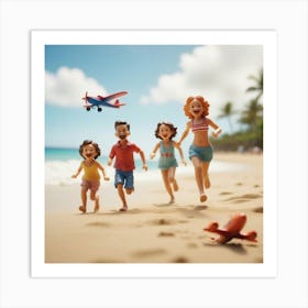 Hawaii Happy Family And Beach With Happy Children Running Toy Airplane And Freedom 2 Art Print