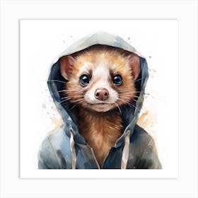 Watercolour Cartoon Weasel In A Hoodie 1 Art Print