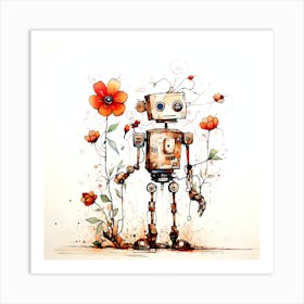 Robot With Flowers 1 Art Print