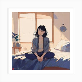 An Illustration Of A Person Sitting On The Edge Of A Bed In A Minimalist, Quiet Room Art Print