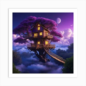 A Treehouse Floating In The Sky Among Lots Of Clouds Magical Luminousnight Purple Theme Vibrant 430117160 (2) Art Print