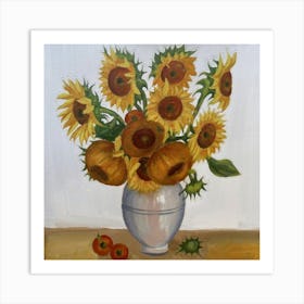 Oil Painting Of Sunflowers In Decorative Ceramic Art Print