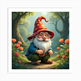 A Charming Gnome With A Colorful Hat Working In A Mystical Garden Art Print