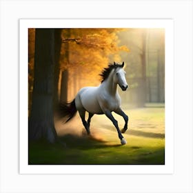 Horse Running In The Forest Art Print