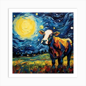 Colorful Cow Under The Night Sky Art Print