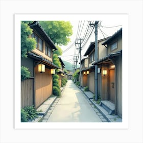 A Quiet Street In Kyoto, Softly Lit By Lanterns, Painted In Delicate Watercolor 1 Art Print