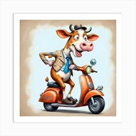 Cow On A Scooter 4 Art Print