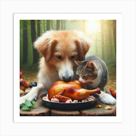 Cat And Dog Eating Turkey Art Print