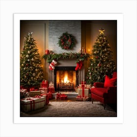 A Convivial Christmas Scene A Roaring Hearth Fireplace Illuminating The Room A Lush Evergreen Chri (2) Art Print