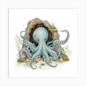 Storybook Style Octopus Relaxing In An Underwater Cave 3 Art Print