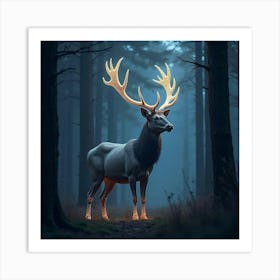 A Majestic Stag With Antlers Of Radiant, Bioluminescent Patterns Standing In A Surreal Forest Art Print