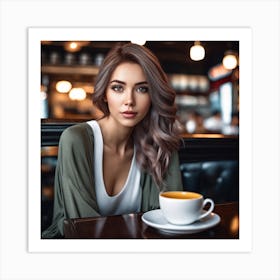 Beautiful Young Woman In Cafe Art Print