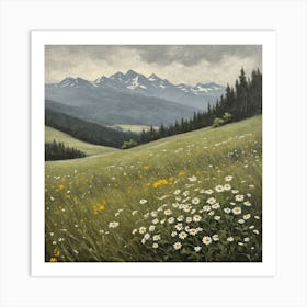 vintage oil painting of wild flowers in a meadow, mountains in the background 13 Art Print