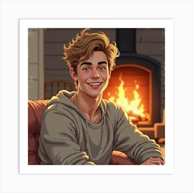 Justin Bieber, Relaxed And Smiling, Watercolor At A Cozy Fireside Art Print