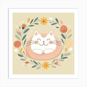 Cute Cat In Floral Wreath Art Print