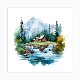 Watercolor Landscape With Waterfall Art Print