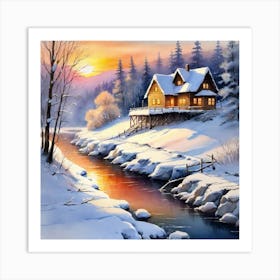Winter House By The River 1 Art Print