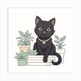 Black Cat Sitting On Books Art Print