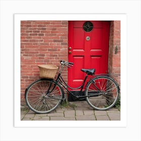 Red Door With Bicycle Photo Art Print