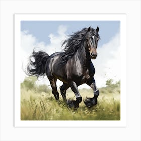 Black Stallion Galloping In Meadow 1 Art Print