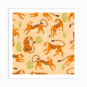 Tiger Pattern On Beige With Green Tropical Leaves Square Art Print