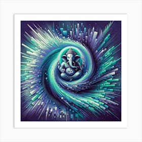 "Digital Om: Ganesha in the Cosmic Cycle" - This vivid portrayal of Lord Ganesha immersed in a digital cosmos is a fusion of tradition and modernity. The dynamic swirls and digital motifs create a visual representation of Ganesha's role as the deity of new beginnings, seamlessly blending the ancient with the digital era. The artwork, rich in color and intricate detail, symbolizes the removal of obstacles in the path of progress, making it a perfect piece for inspiring innovation and creativity in workspaces and contemporary homes. Art Print