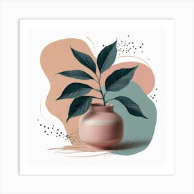 A stunning painting of a plant with dark green leaves, artistically placed in a pink ceramic vase. Art Print