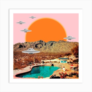 They Have Arrived Ufos Landing In The Desert Brown & Pink 2 Square Art Print