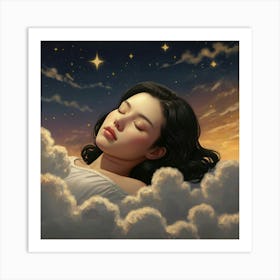 A photorealistic portrayal of a woman with shiny black bobbed hair, asleep on shimmering golden clouds. The sky around her is dotted with stars, each shaped like a Hello Kitty cat, casting a soft glow. Created Using: high-resolution detail, magical night sky, gold-tinted clouds, playful star designs, tranquil mood, soft glow effects, enchanted setting, clear focus --ar 16:9 --v 6.0 1 Art Print