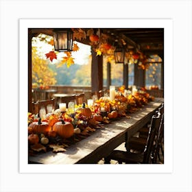 Autumn Table Decor Sprawling Across A Rustic Wooden Table Scattered Bright Orange Pumpkins Accompan 2 1 Art Print