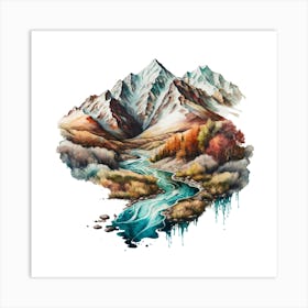 Watercolour Of Mountains And River Art Print