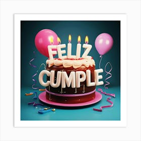 Feliz cumple and Feliz cumpleaños sign means Happy Birthday in Spanish language, Birthday party celebration gift with birthday cake candle colorful balloons best congratulation over light background wall artFeliz Cumple 24 Art Print