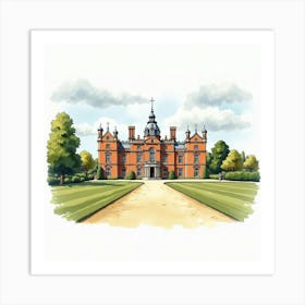 Watercolor Illustration Of The Blickling Hall In Norfolk, Featuring Its Grand Architecture And Scenic Surroundings Art Print