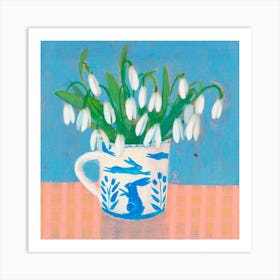 Snowdrops In A Mug With A Running Hare Square Art Print
