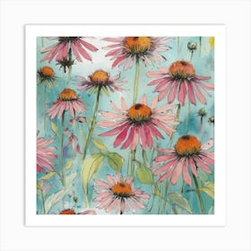 Pink Coneflowers flower plants painting art print Art Print