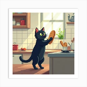 Black Cat In A Kitchen Art Print Funny Cat (3) Art Print