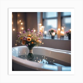 Bath With  bouquet of Flowers, lit candles  Art Print